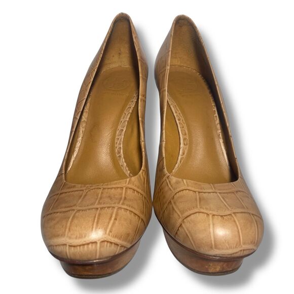 Tory Burch Women Tan Brown Croc Embossed Leather Platform Pumps Heels Size 8 M - Picture 4 of 16